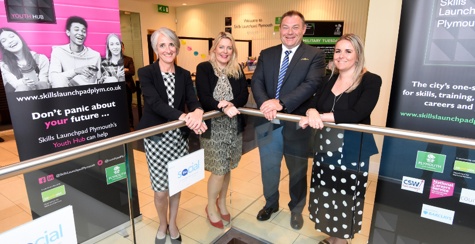 Pictured left to right: Sharon Muldoon – Incoming Director for Children’s Services, Mims Davies MP, Minister for Employment, Councillor Mark Shayer -  Deputy Leader and Cabinet Member of Finance and Economic Development, Kate Curtis – Service Leader for Devon and Cornwall DWP
